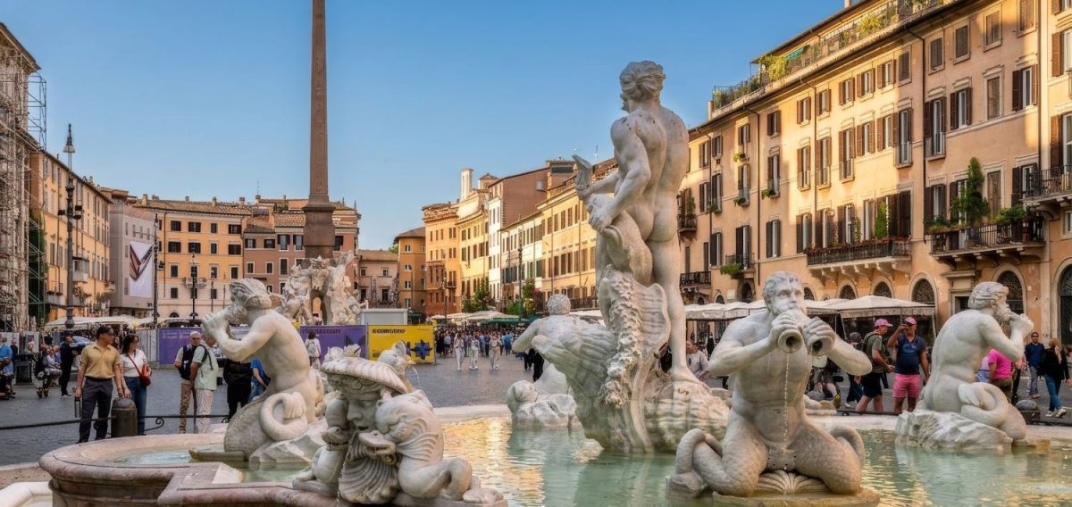 Moro Fountain in Piazza Navona in Rome with the obelisk in the background.