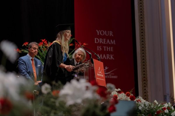 A Member of the Class of 2026 shares her testimonial during the ESE Graduation Ceremony at Town Hall by Bottaccio, London.