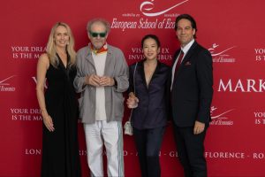Emilie Edberg and Joseph D'Anna, ESE alumni and Managing Partners at Town Hall by Bottaccio, with gala guests Mike Figgis, Oscar-nominated director, and composer and pianist Rosey Chan — 30th Anniversary Gala, 4th July 2026.
